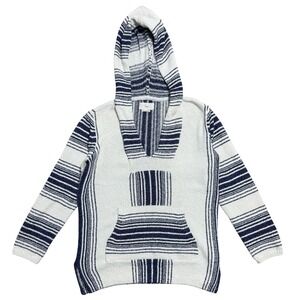 Tna‎ Hoodie Womens XS Blue White Striped Knit Kangaroo Pocket Pullover Baja
